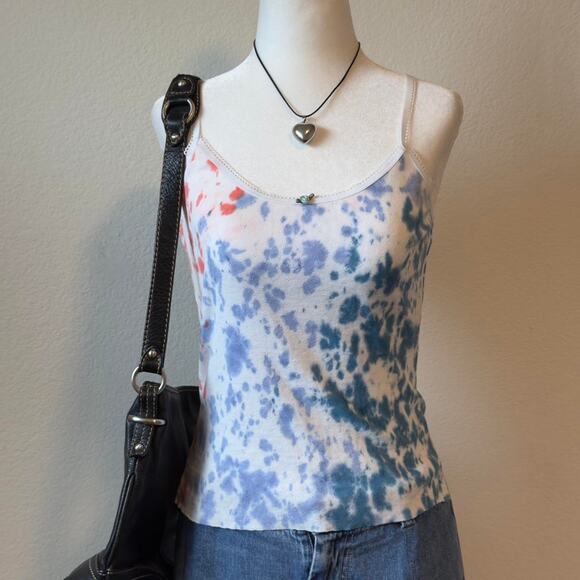 y2k blue and red tie dye pointelle top with lace trim - Picture 1 of 8